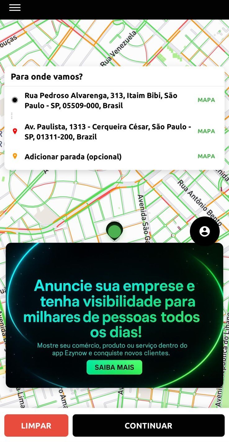 Telas do aplicativo Ezynow no smartphone mostrando solicitação de corrida, mapa e categorias